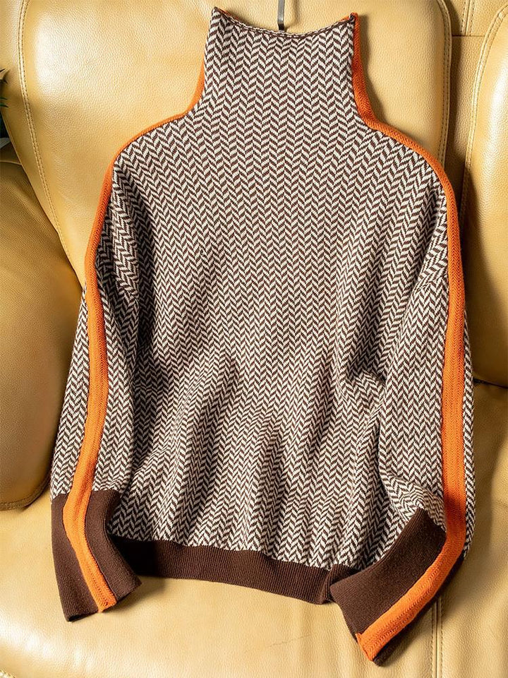 Women's Striped Turtleneck Pullover, High Collar, Orange or Green