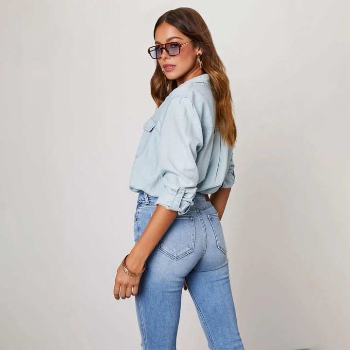 Maven oversized denim shirt featuring a soft, relaxed fit and classic button-up design, perfect for casual styling and comfort. - 6