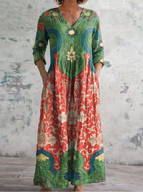 Zelda Vintage Floral Dress featuring elegant cotton fabric, ankle-length design, V-neckline, and long sleeves, perfect for a stylish and feminine look. - 1