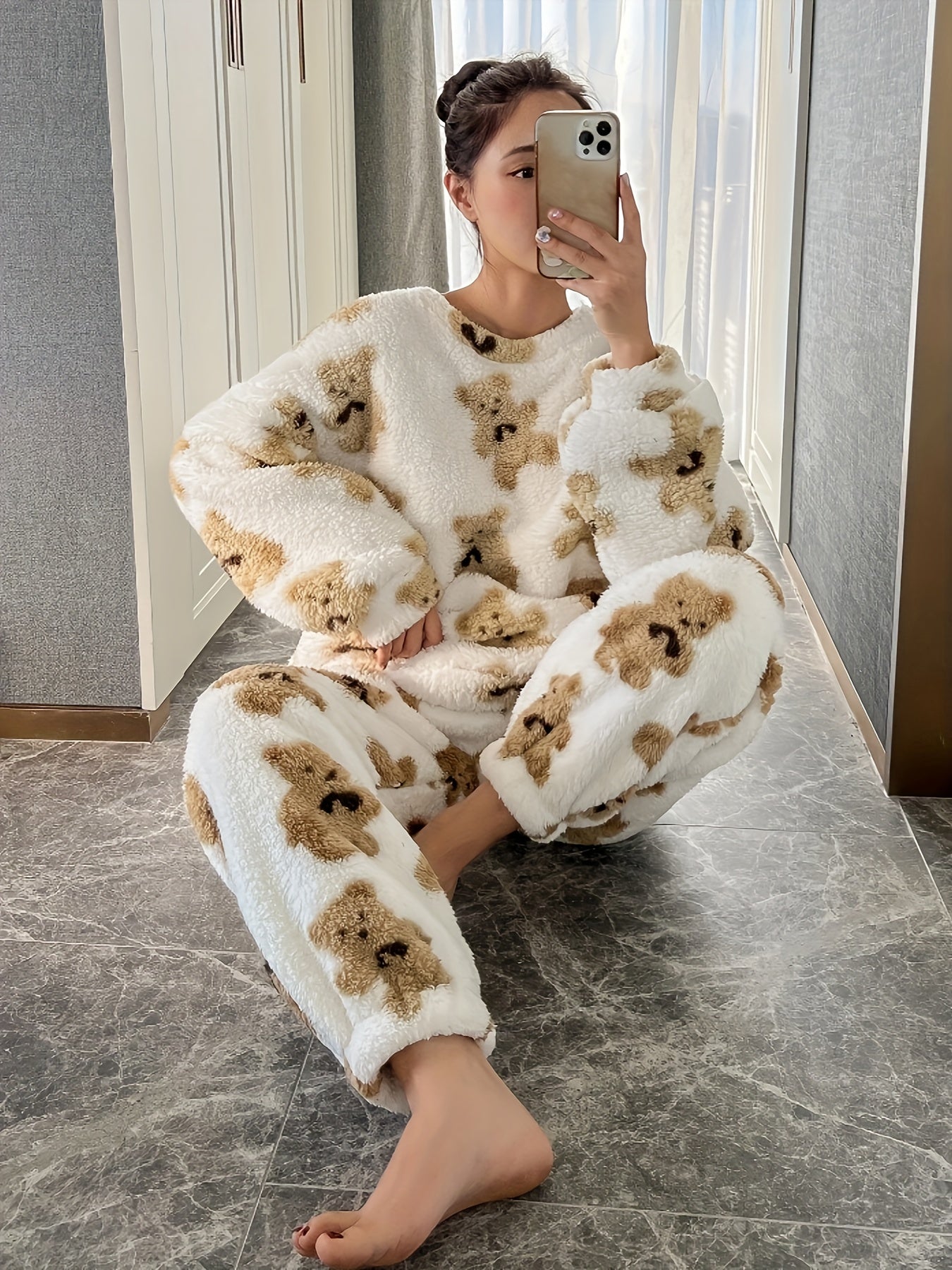 Teddy Bear Print Lounge Set | Ivory & Tan | Ultra-Soft Nylon | Cozy Loungewear