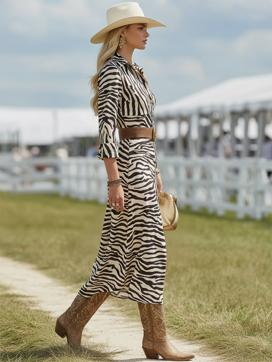 Retro Western Zebra Print Faux Suede Slit Midi Dress
