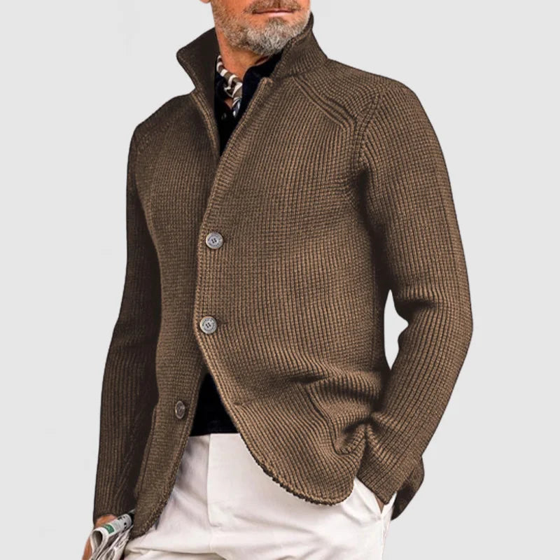 Ribbed Knit Button-Up Cardigan | Smart Casual Shawl Collar Sweater