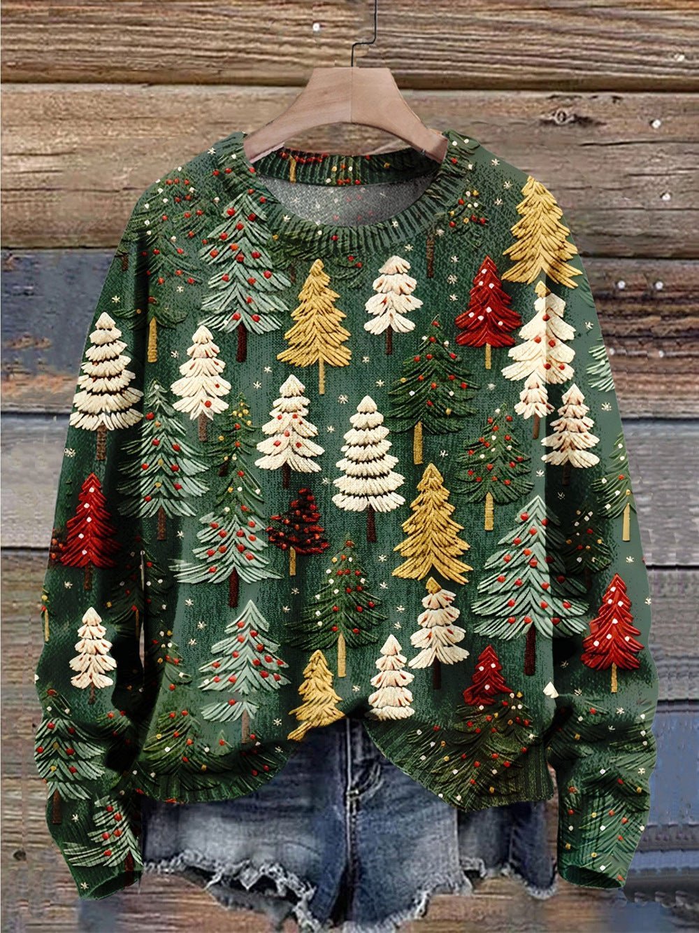 Unisex Christmas Sweater, Tree Pattern Knit, Crew Neck, S to 4XL