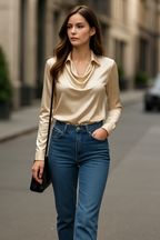 Ikata | Shiny Blouse with Pleated Neckline