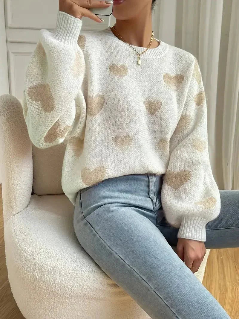 Women's Fleece Pullover, Heart Pattern, Crew Neck, Plush Sweater