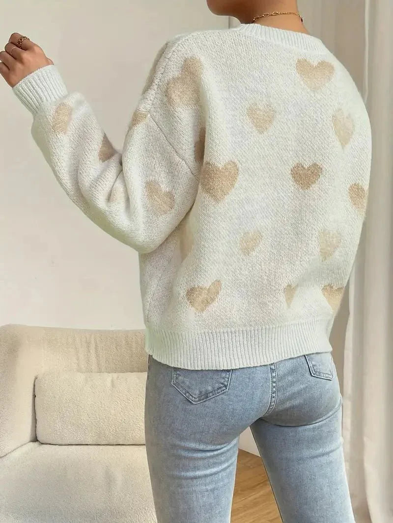 Women's Fleece Pullover, Heart Pattern, Crew Neck, Plush Sweater