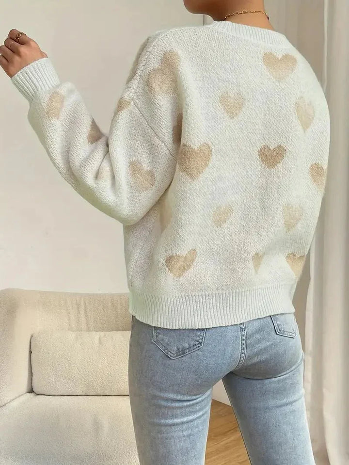 Women's Fleece Pullover, Heart Pattern, Crew Neck, Plush Sweater
