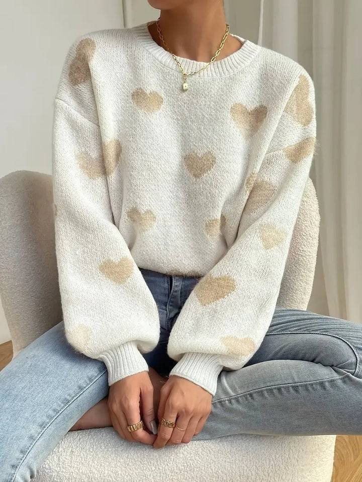 Women's Fleece Pullover, Heart Pattern, Crew Neck, Plush Sweater