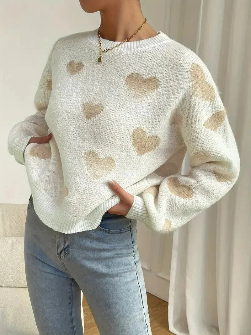 Women's Fleece Pullover, Heart Pattern, Crew Neck, Plush Sweater