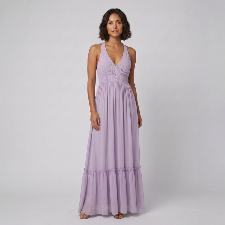 Lila light purple chiffon maxi dress on model