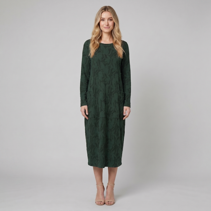 Luna green foliage midi dress on model
