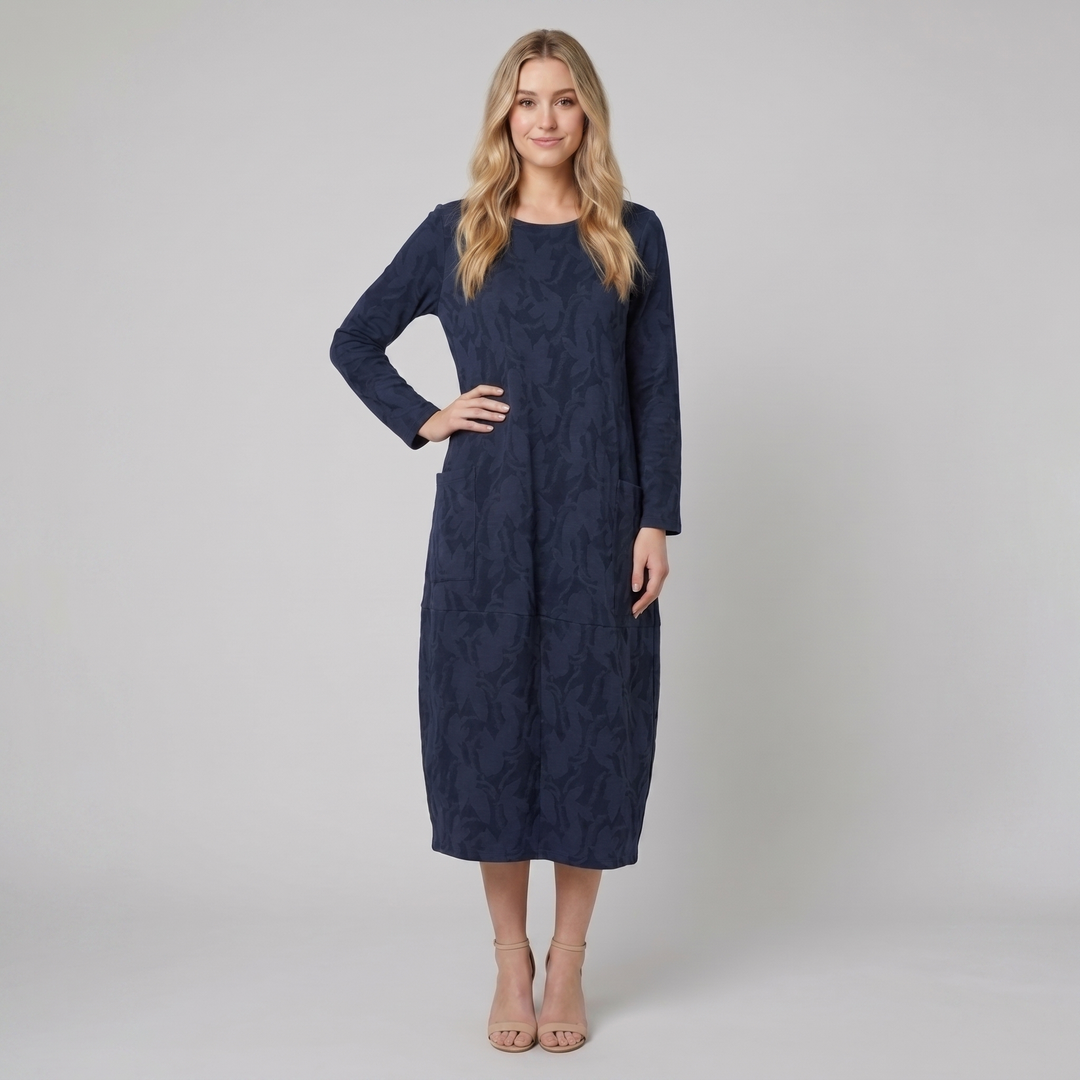 Luna navy blue foliage midi dress on model