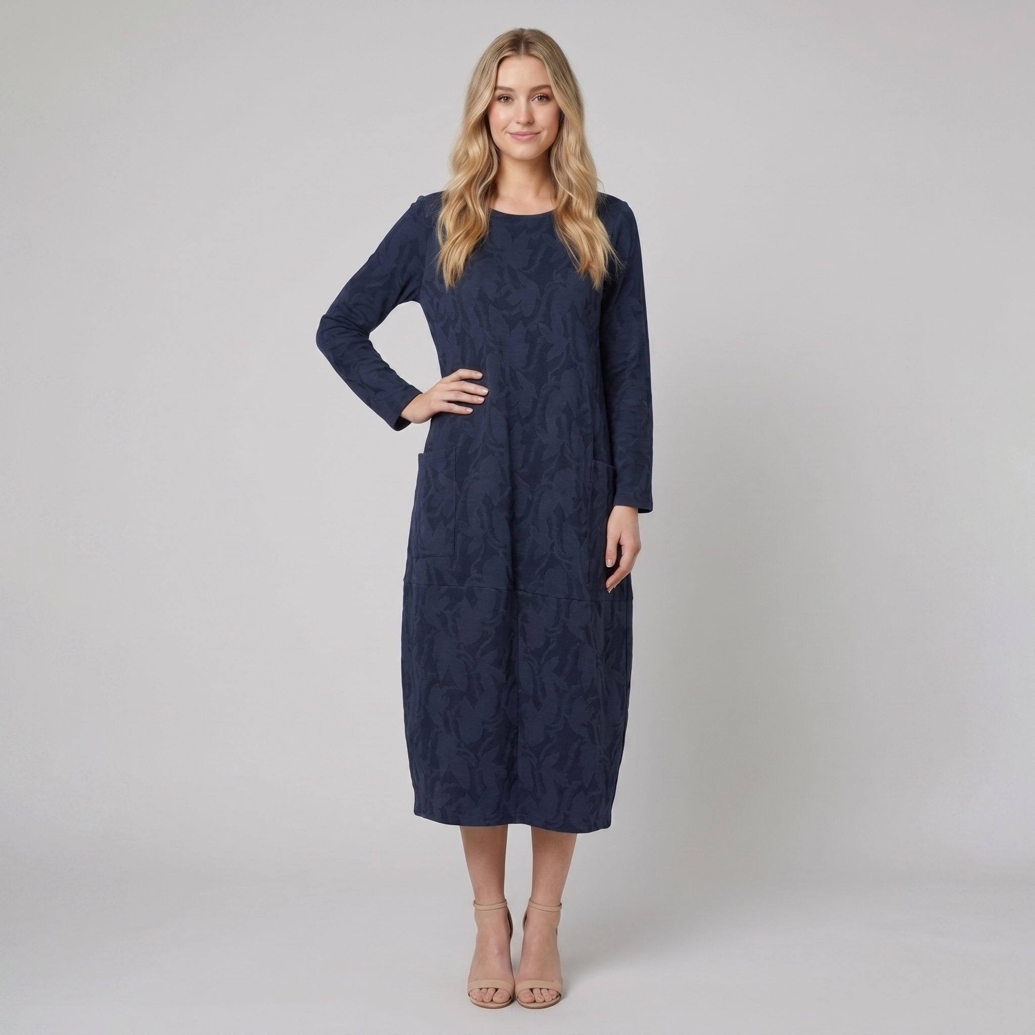 Luna navy blue foliage midi dress on model