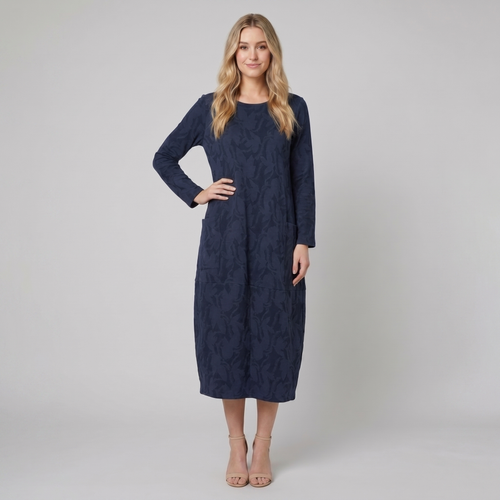 Luna navy blue foliage midi dress on model