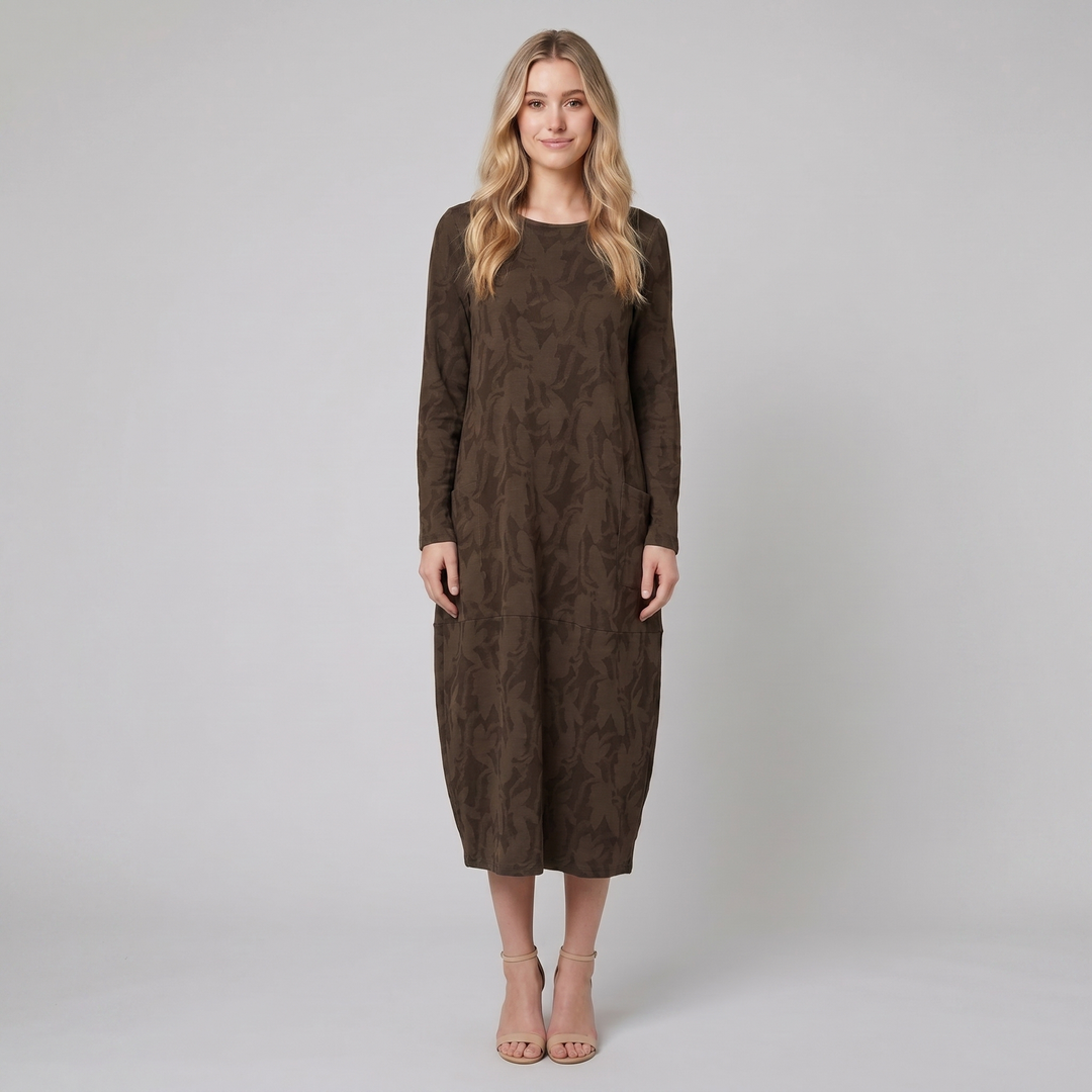 Luna brown foliage midi dress on model