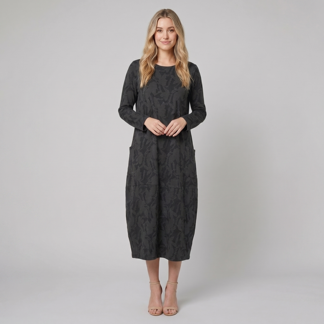 Luna black foliage midi dress on model