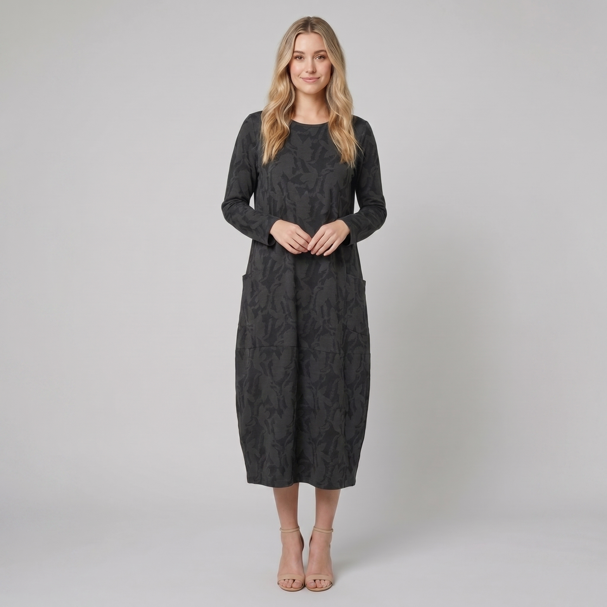 Luna black foliage midi dress on model