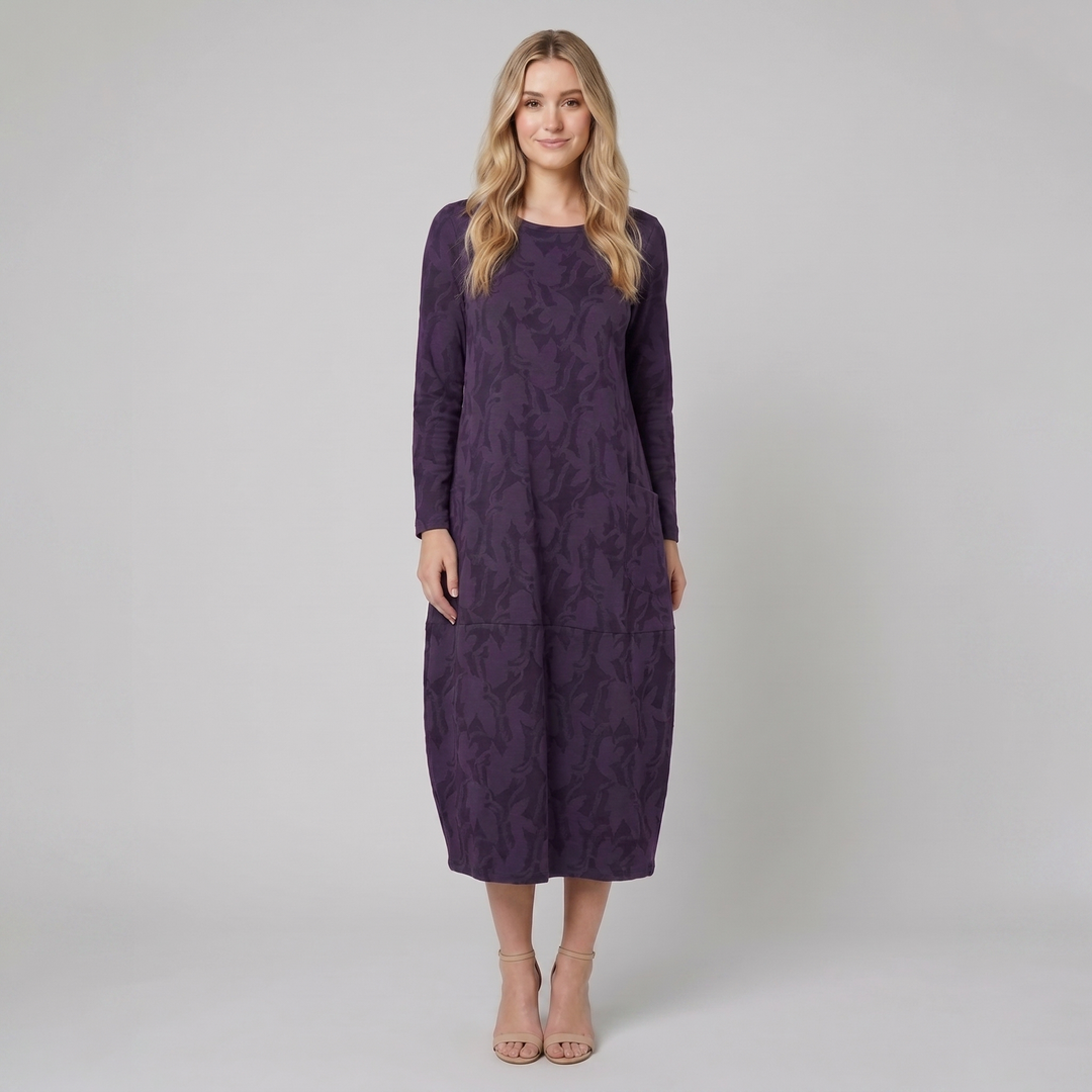 Luna purple foliage midi dress on model