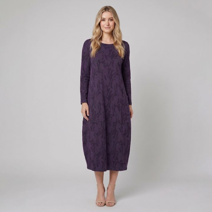 Luna purple foliage midi dress on model