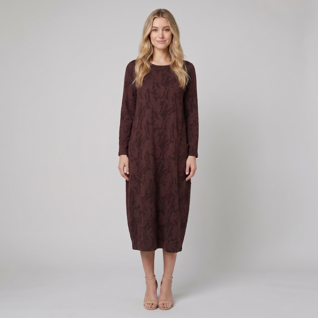 Luna wine red foliage midi dress on model