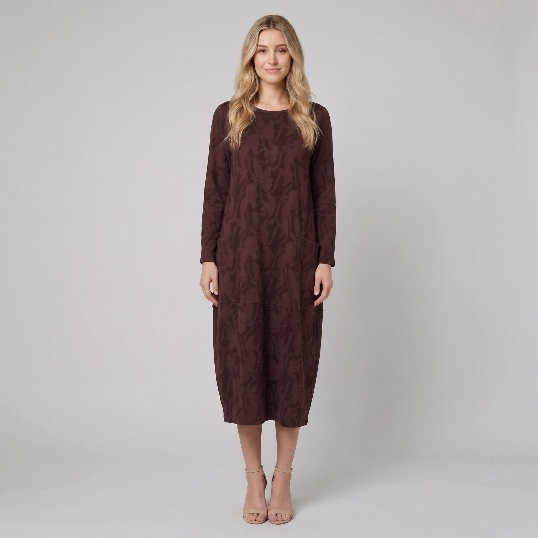 Luna wine red foliage midi dress on model