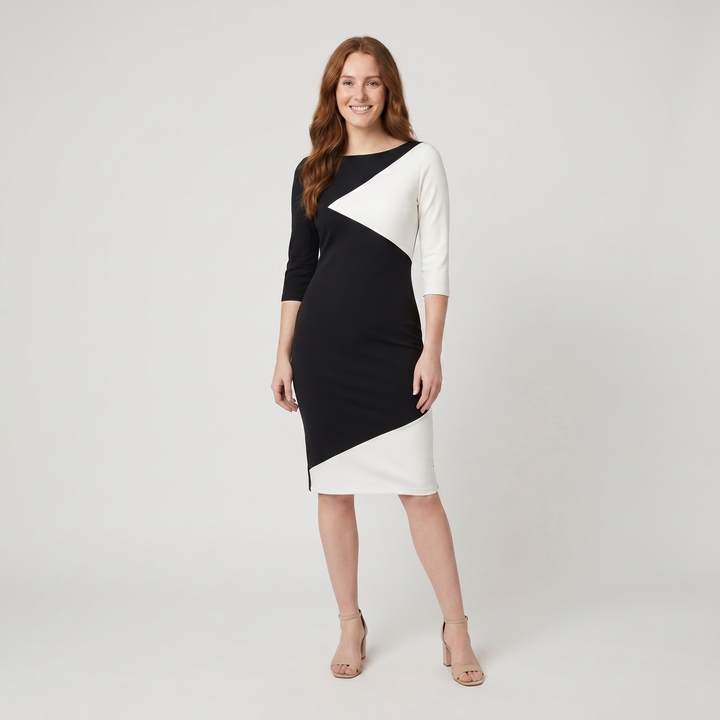 Luna black white colorblock midi dress on model