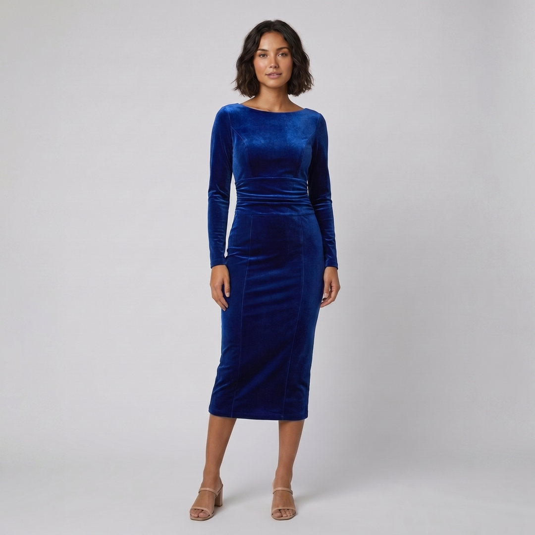 Luna royal blue velvet bodycon dress on model