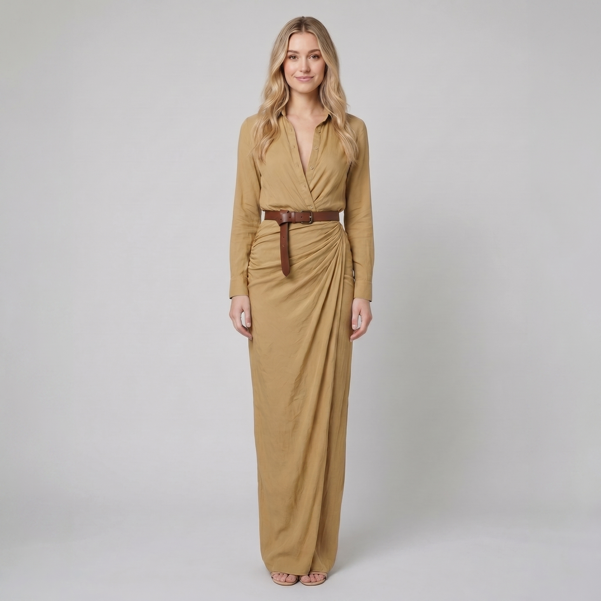 Luna khaki lapel maxi shirt dress on model