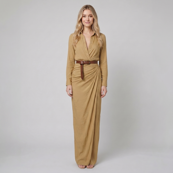 Luna khaki lapel maxi shirt dress on model