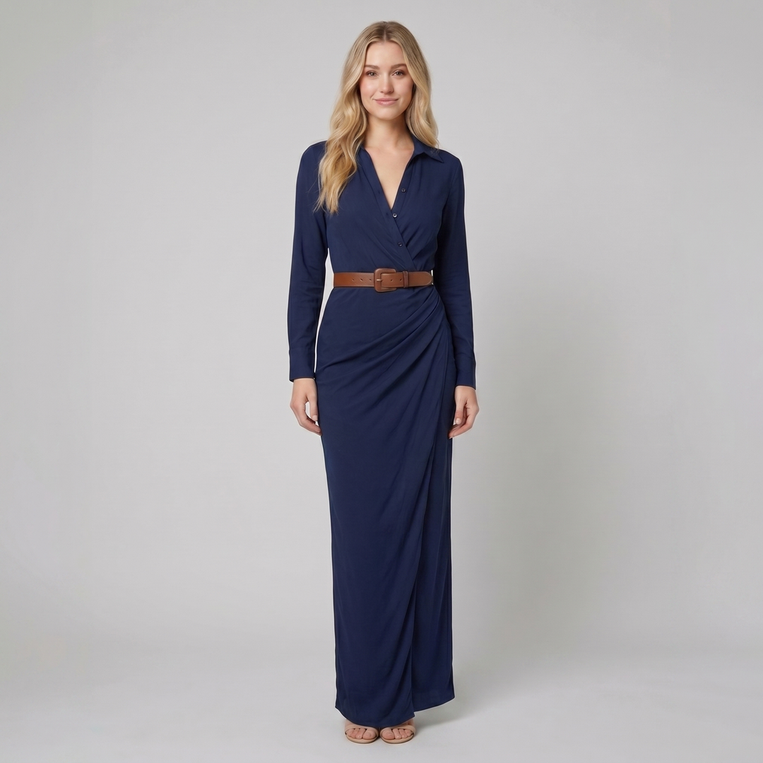 Luna navy lapel maxi shirt dress on model