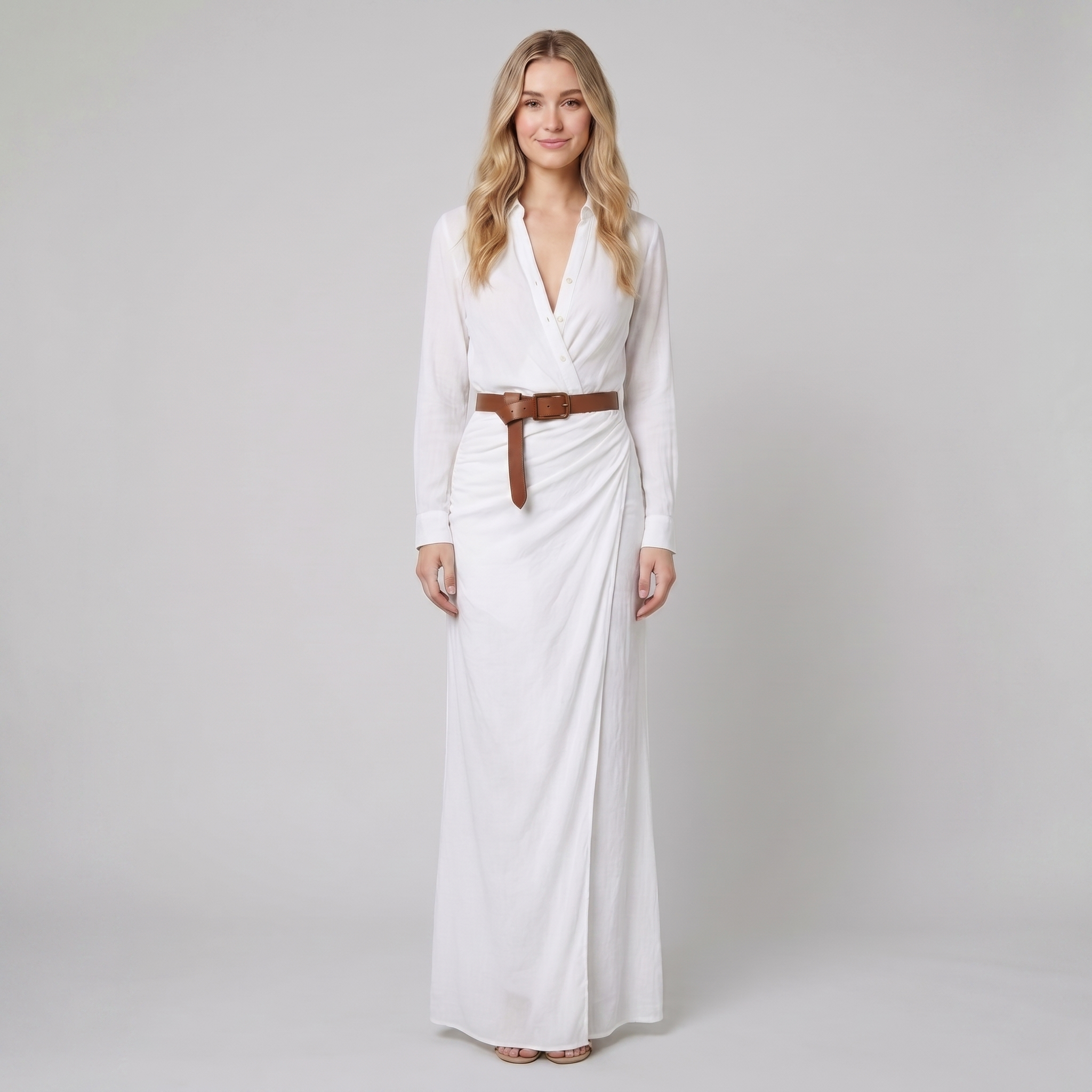 Luna white lapel maxi shirt dress on model