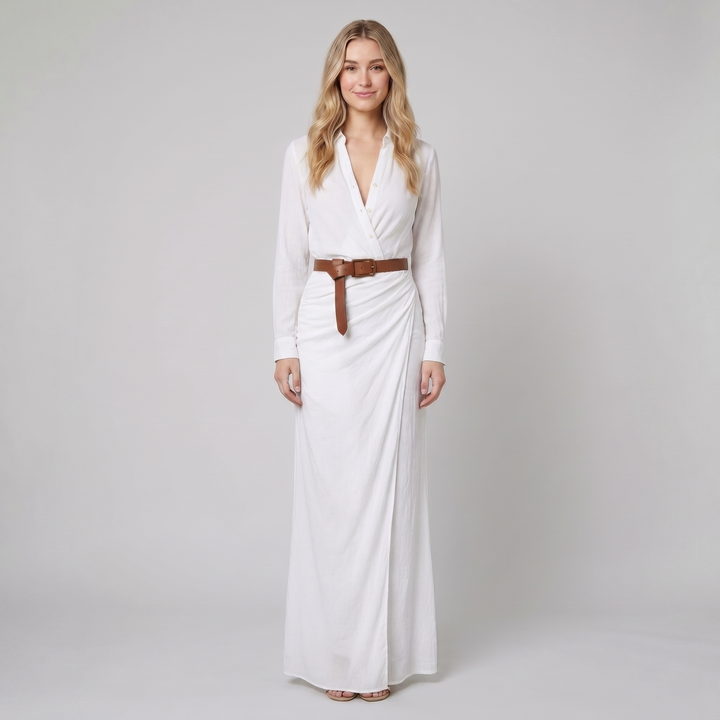 Luna white lapel maxi shirt dress on model