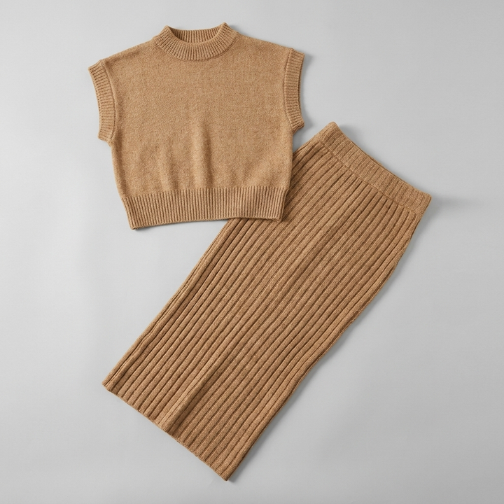 Maratea camel rib knit set product flat-lay
