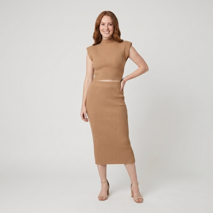 Maratea camel rib knit set on model