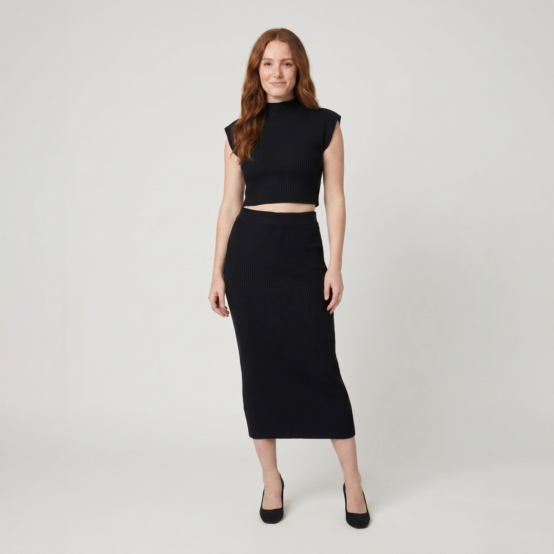 Maratea black rib knit set on model