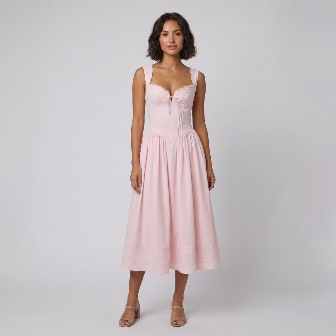 Marlena pink corset midi dress on model