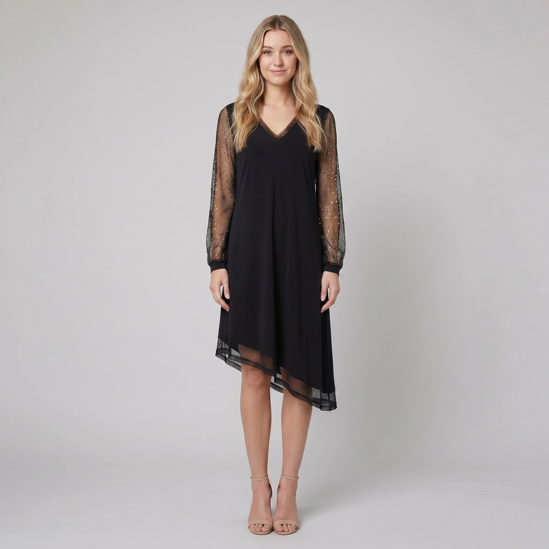 Matilda black evening dress sheer sleeves on model