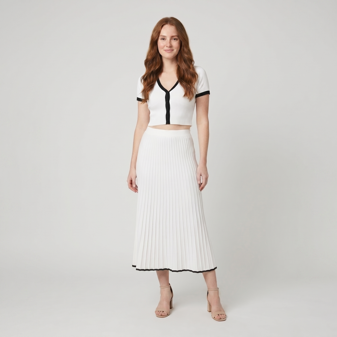 Mina white knit two-piece set on model