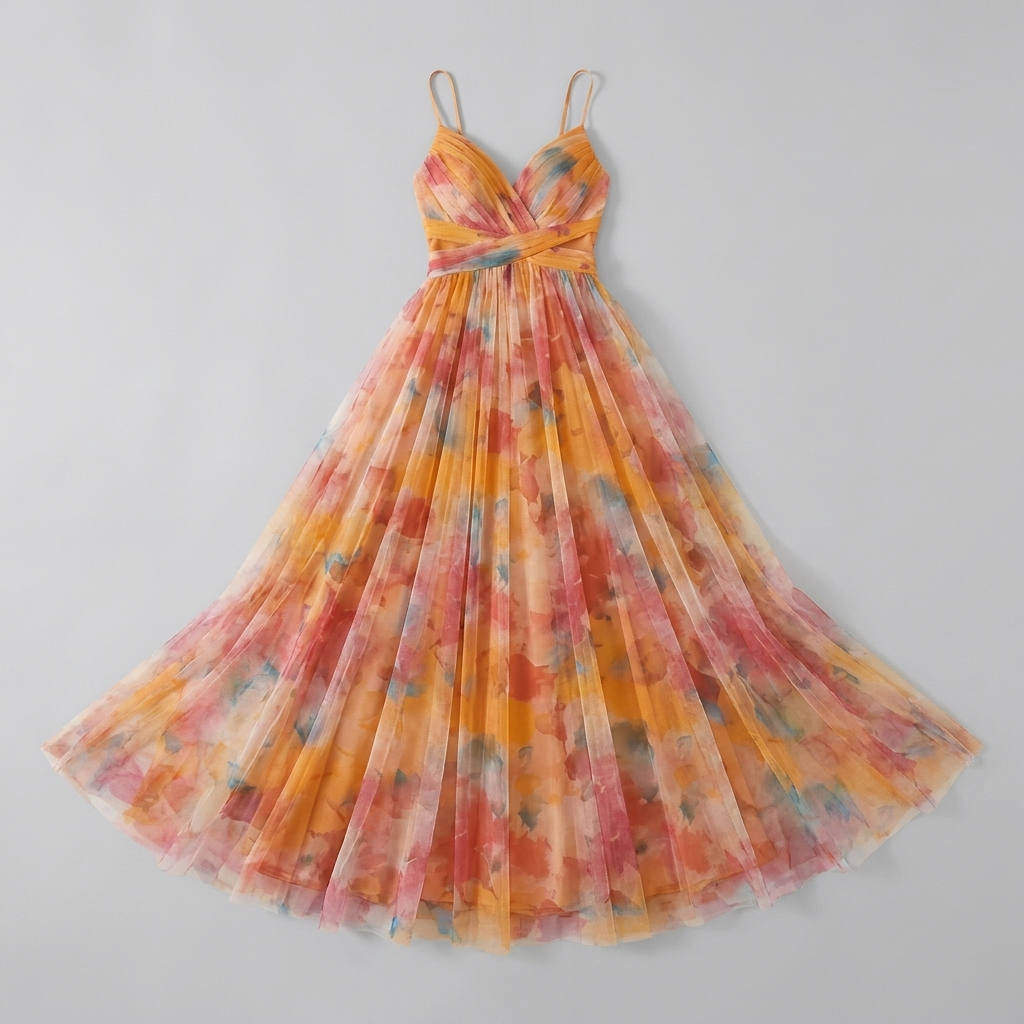 Mira floral tulle maxi dress product flat-lay