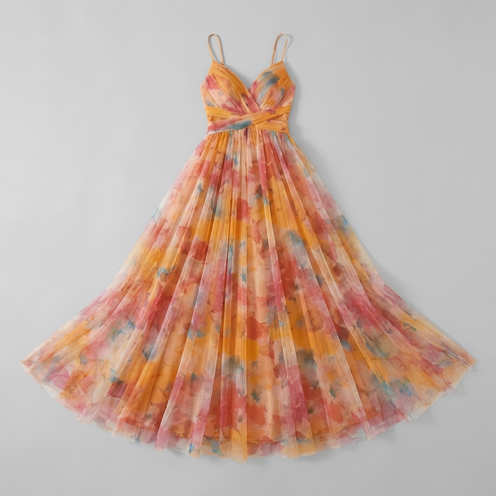 Mira floral tulle maxi dress product flat-lay