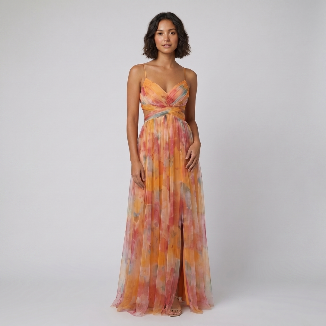 Mira orange floral tulle maxi dress on model