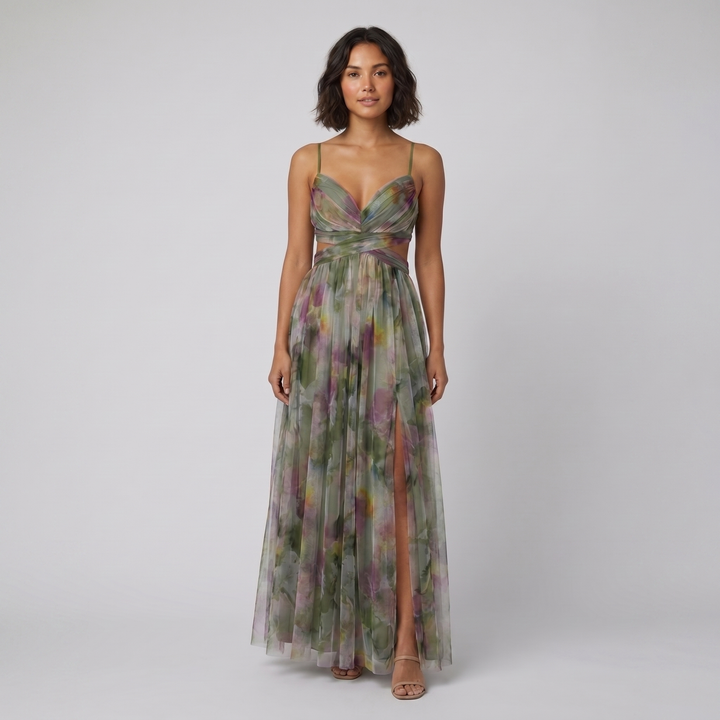 Mira green floral tulle maxi dress on model