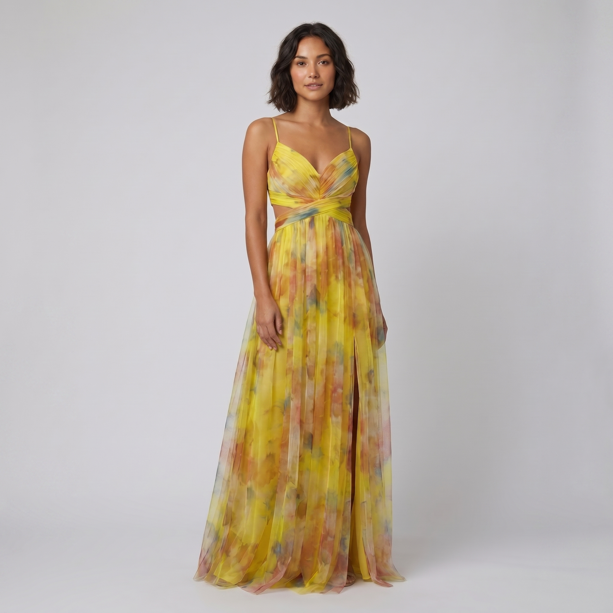 Mira yellow floral tulle maxi dress on model