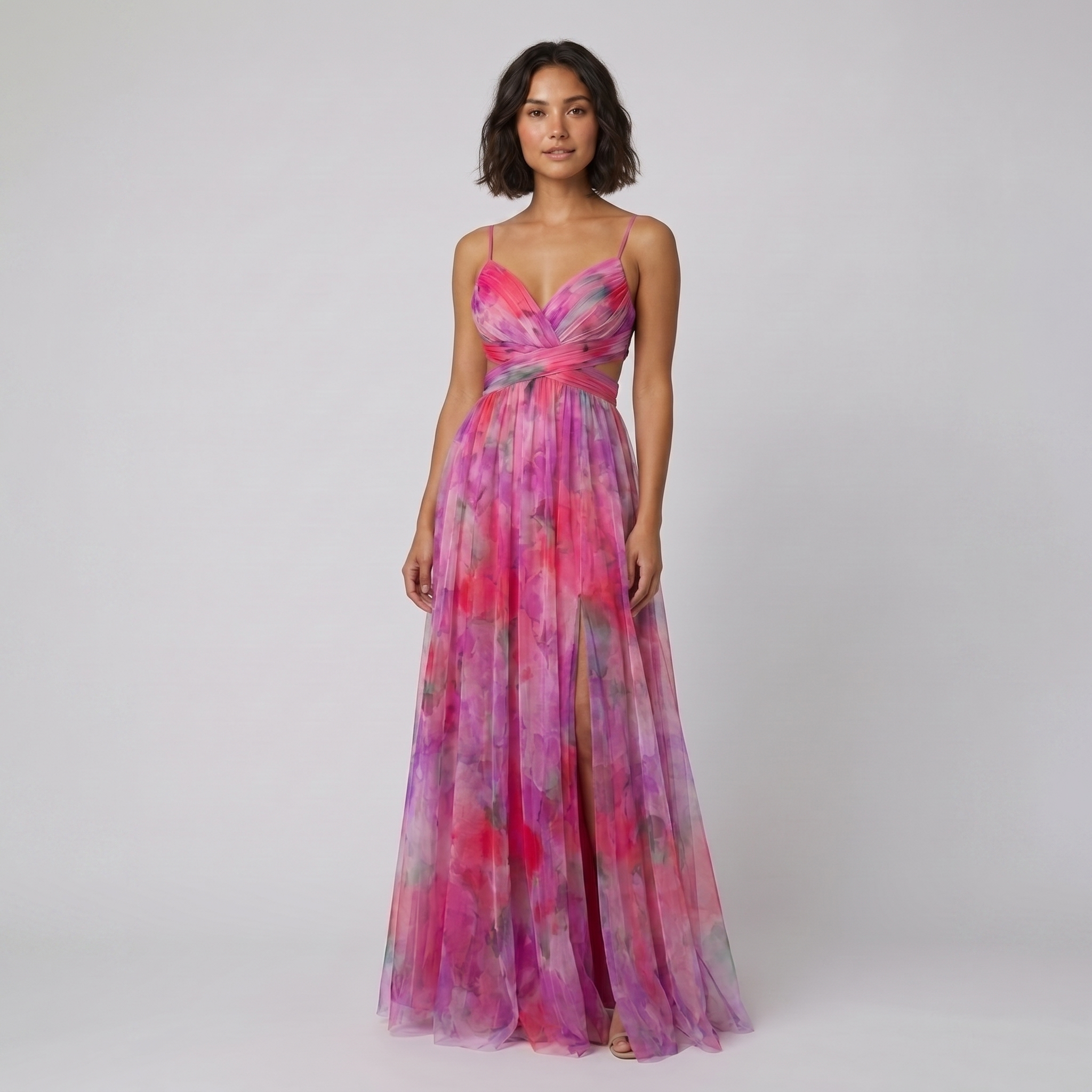 Mira pink floral tulle maxi dress on model