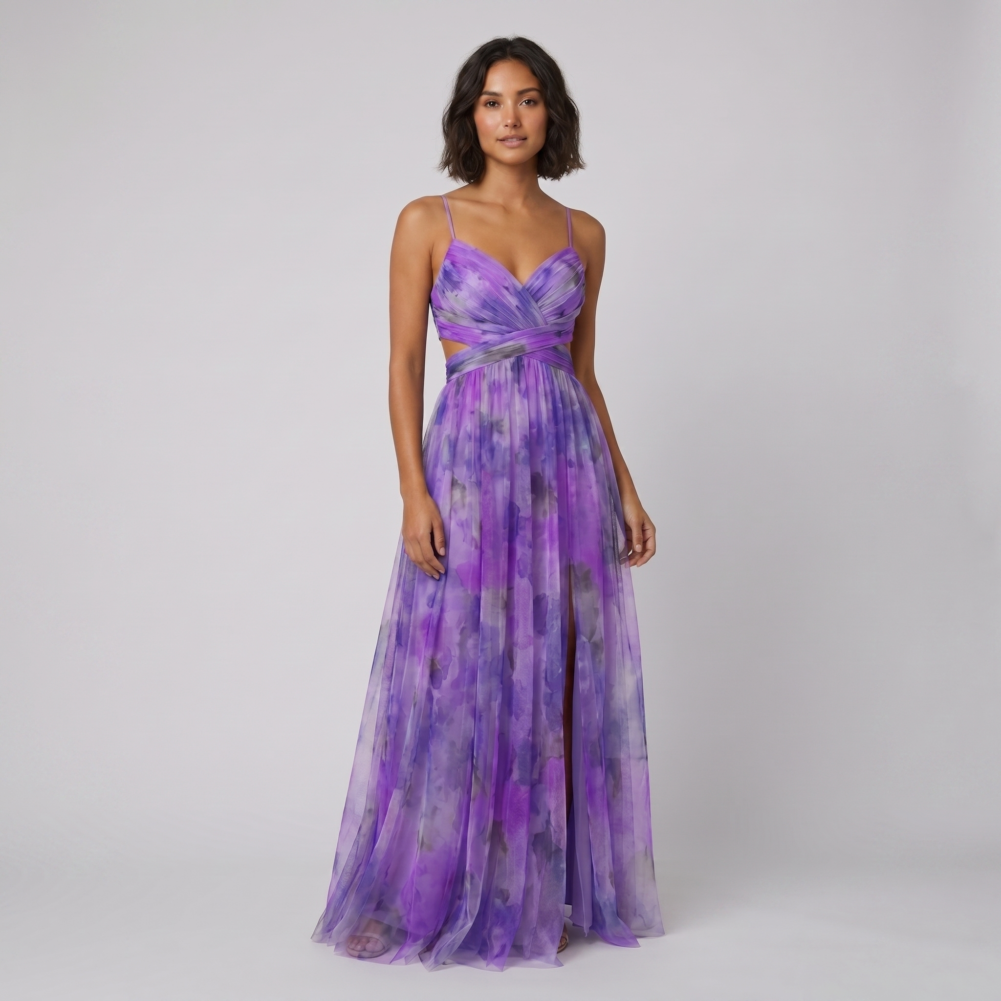 Mira violet floral tulle maxi dress on model