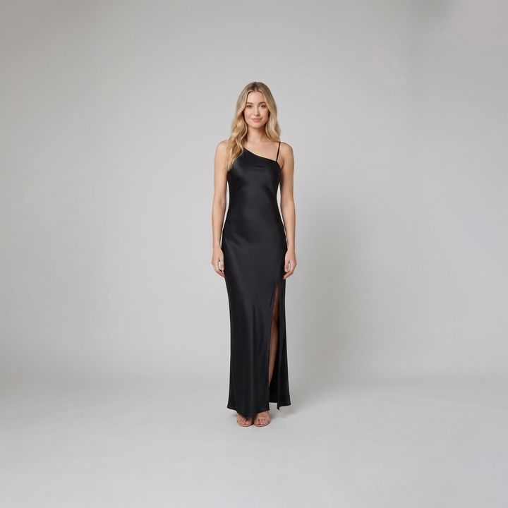 Mira black satin open-back maxi on model