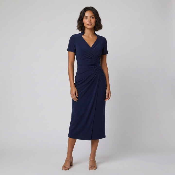Moya navy ruched wrap midi dress on model