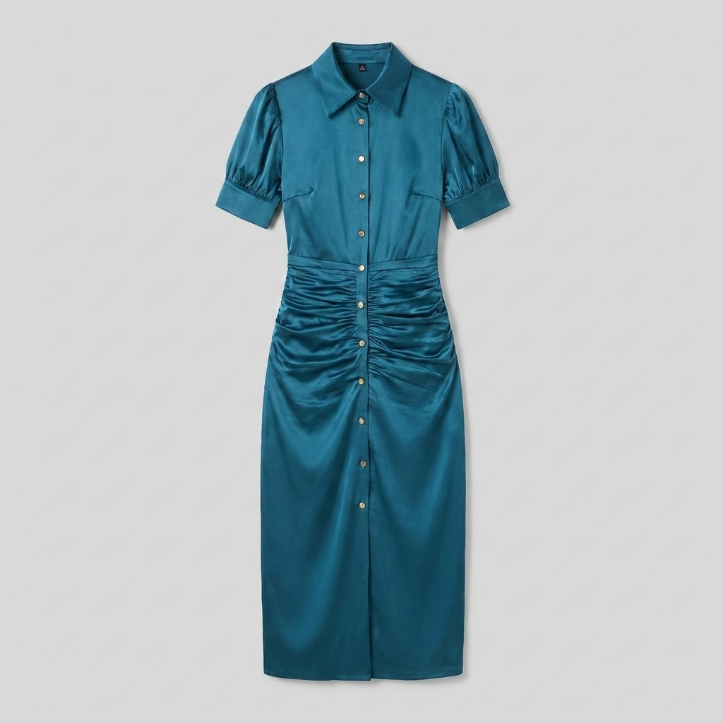 Ravine teal satin ruched midi dress product flat-lay