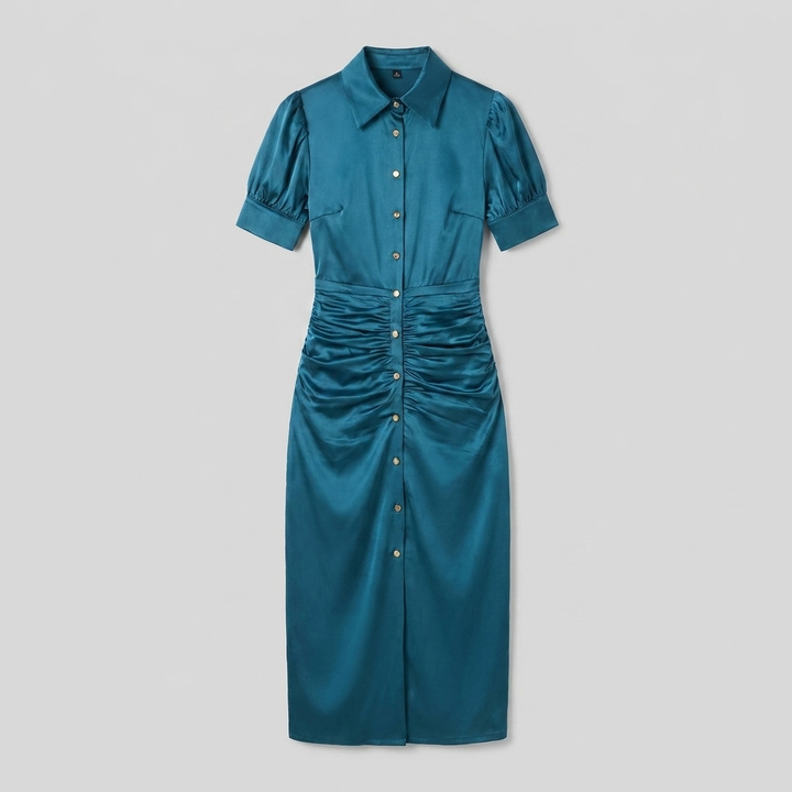 Ravine teal satin ruched midi dress product flat-lay