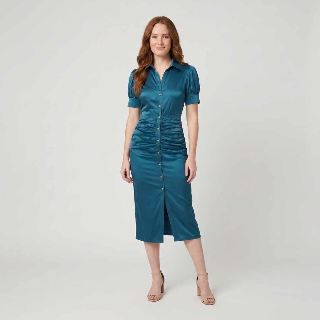 Ravine teal satin ruched midi dress on model